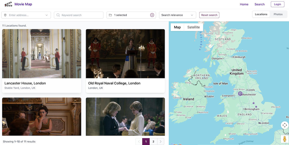 SuperScout Movie Map showing The Crown filming locations including Lancaster House and Old Royal Naval College in London