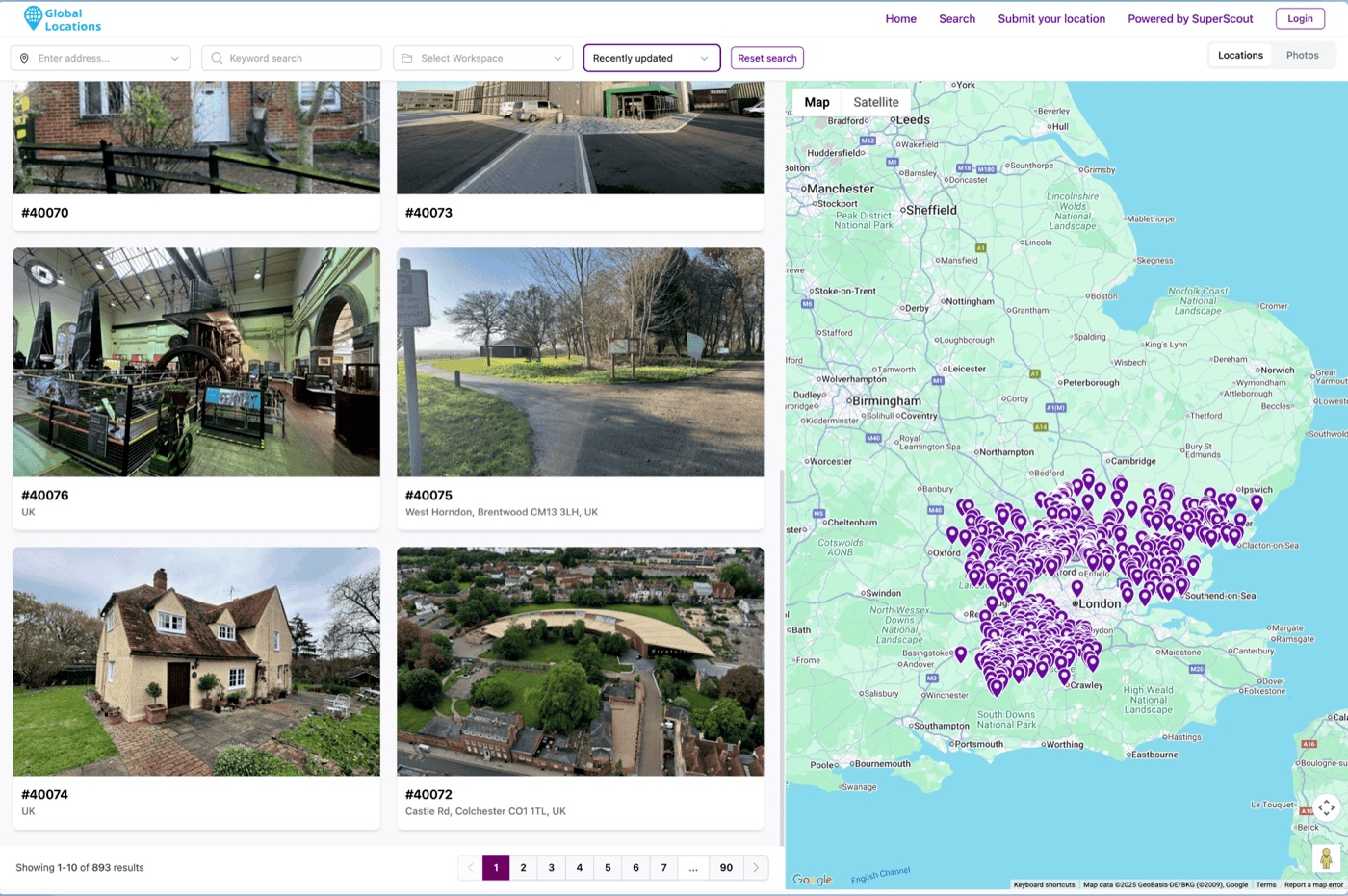 SuperScout global location library search showing UK filming locations on a map with photo thumbnails of each property