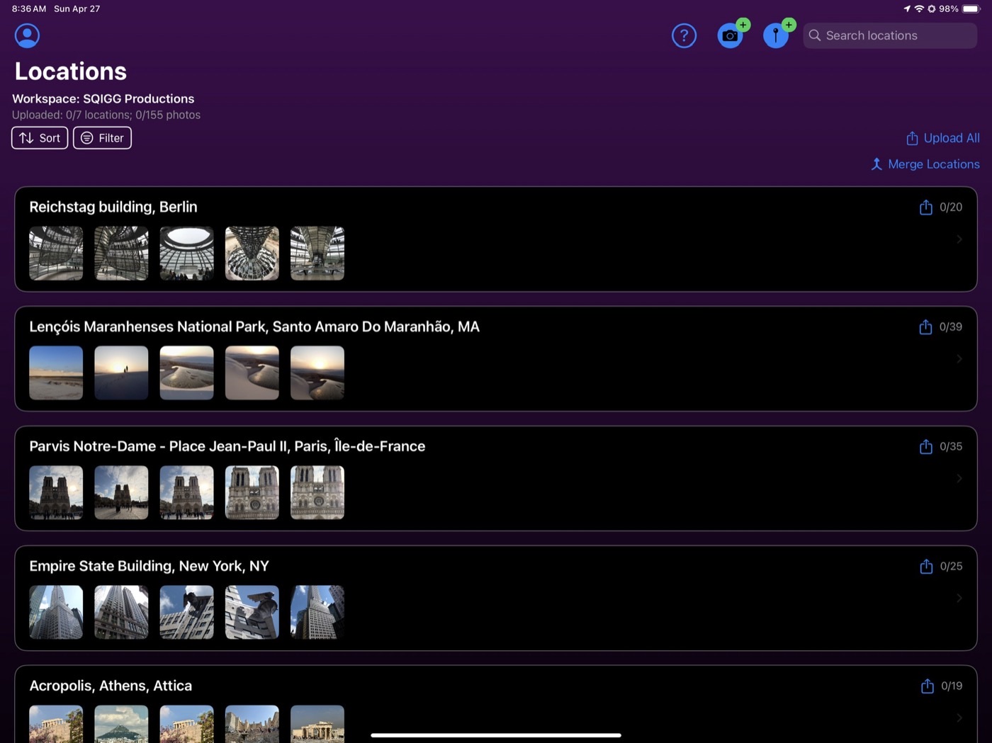 Click to expand The SuperScout app on iPad, showing locations scouted in the field queued and ready to upload