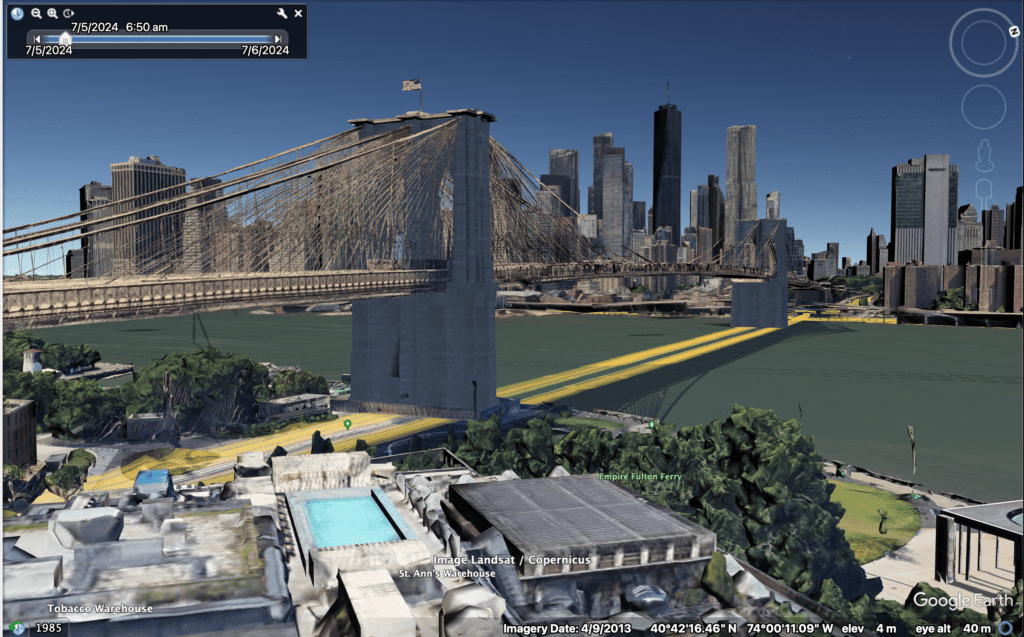 3D view of Brooklyn Bridge, New York City in Google Earth Pro