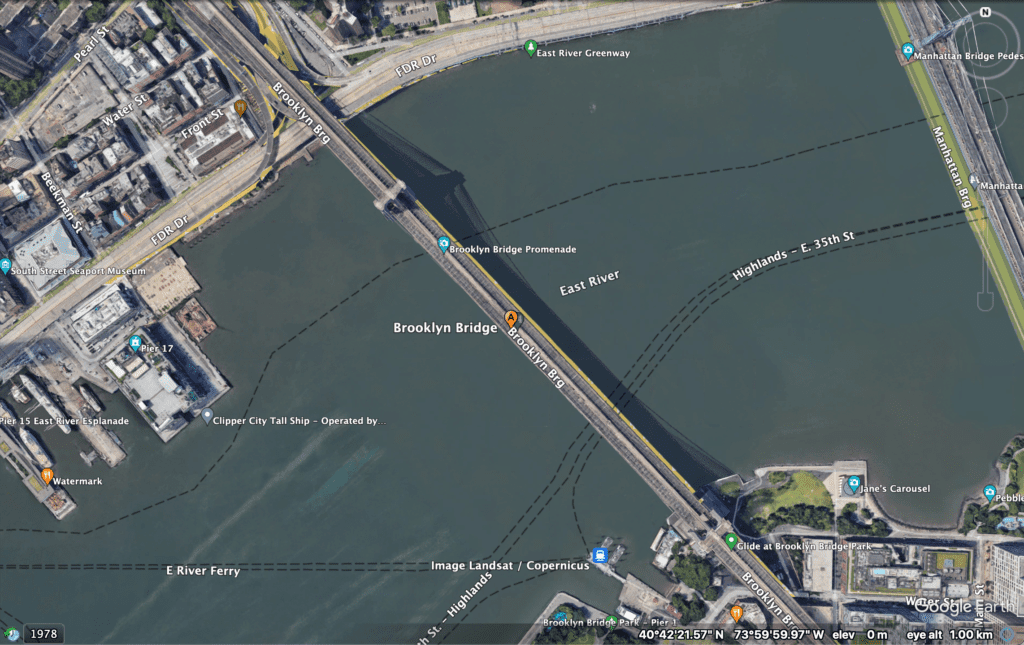 Map view of Brooklyn Bridge, New York City in Google Earth Pro 