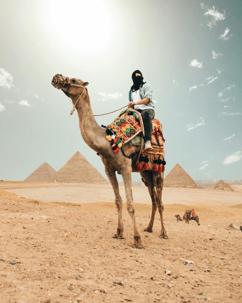 Image of a person riding a camel in the desert with pyramids in the background