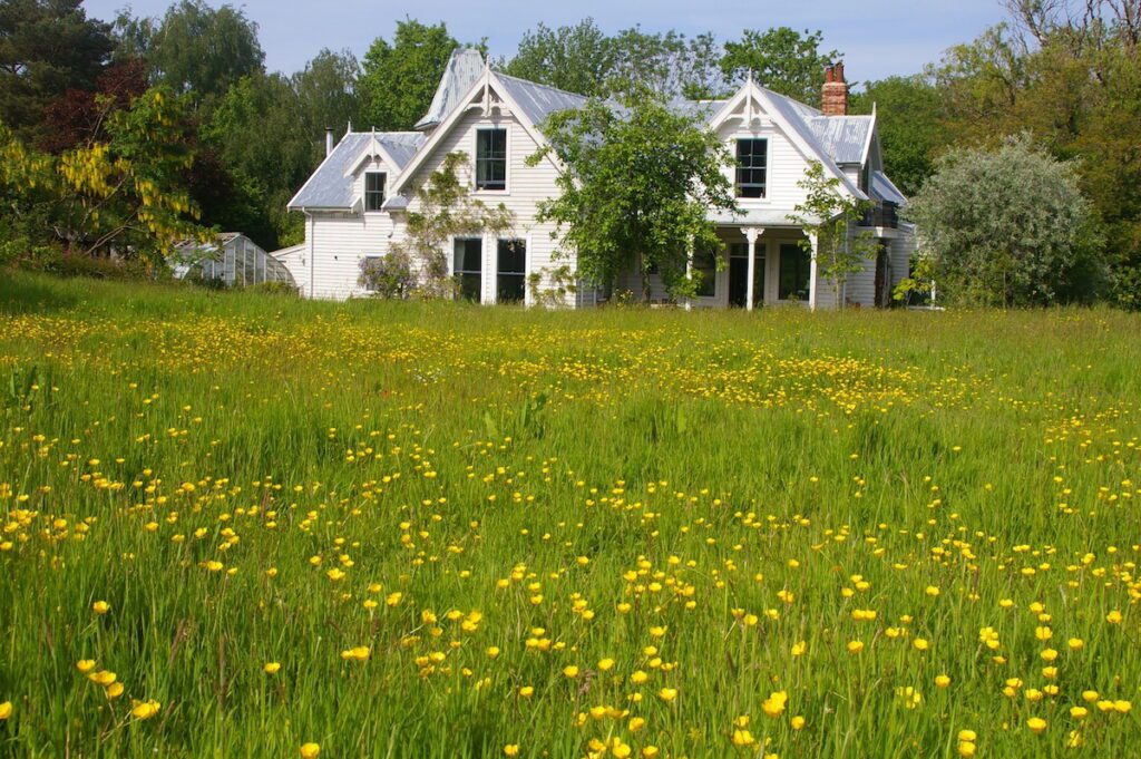 Image of a colonial style weather boarded house surrounded by a buttercup meadow on Home Farm