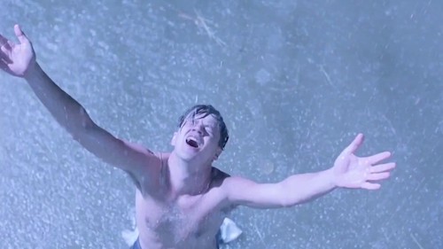 Film still from The Shawshank Redemption (1994), featuring Andy, shirtless, in heavy rain 