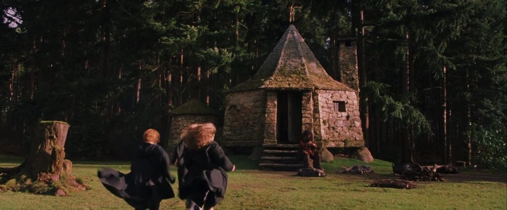 image of Hagrid's hut on the edge of the forest in Harry Potter and the Philosopher's Stone (2001)