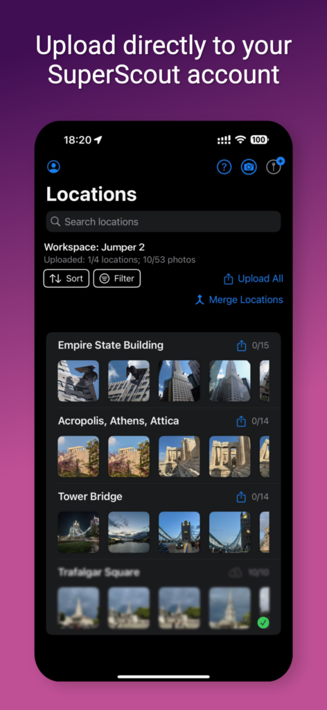 Screenshot of the SuperScout iOS app for scouting locations