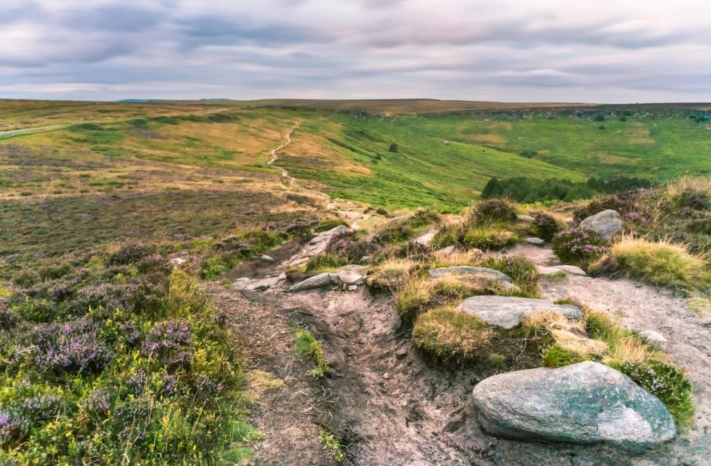 Stanage Edge and hills with cloudy skyline