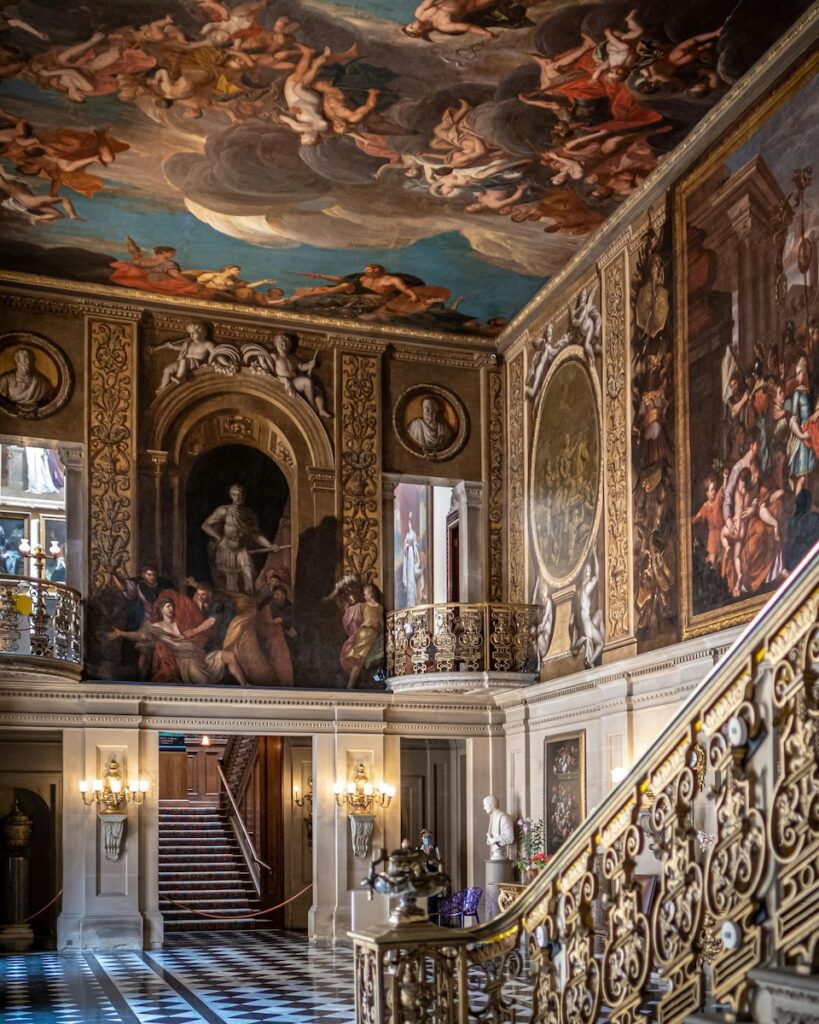 grand staircase and painted ceiling of the Painted Hall at Chatsworth House 