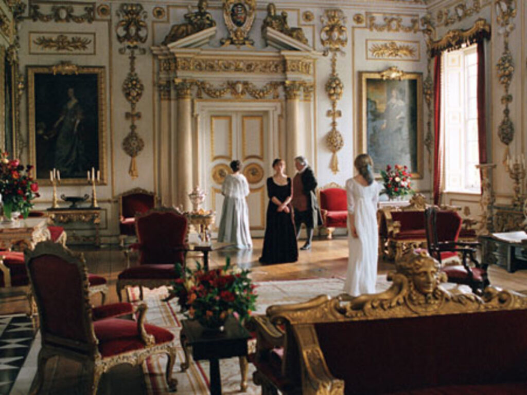 Still frame from Pride and Prejudice (2005) of Elizabeth Bennet in the Double Cube Room at Wilton House