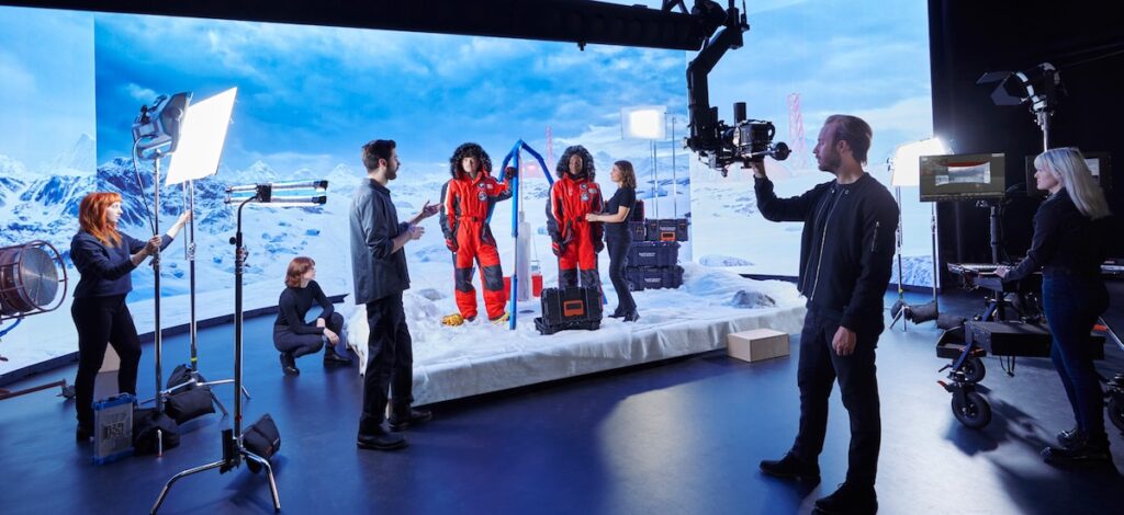 Savannah College film students using the soundstage on campus to film a snow scene