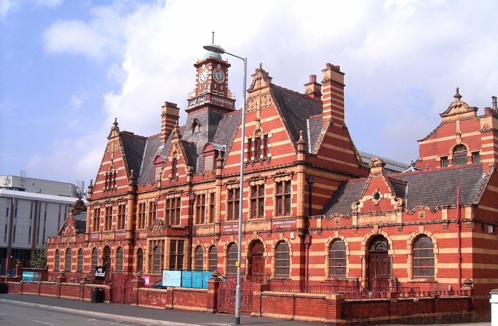 the brick building exterior of Victoria Baths in Manchester