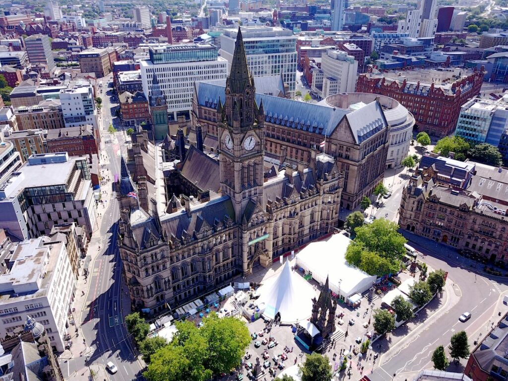 Manchester filming location - aerial view of Manchester town hill and surrounding buildings