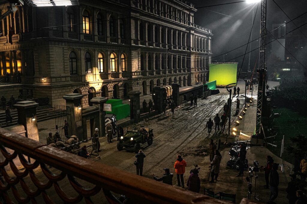 outdoor street set at night dressed for a period war scene