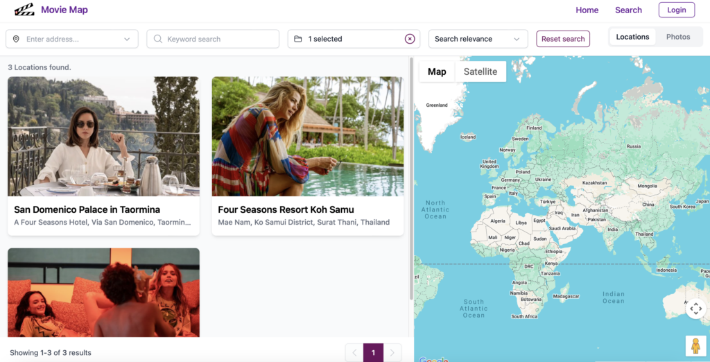 screenshot of SuperScout's new Movie Map site, showing White Lotus locations