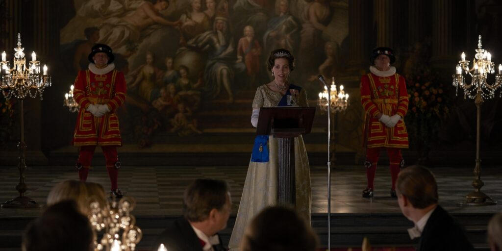 still from the Crown of Queen Elizabeth's 40th anniversary luncheon at the Painted Hall