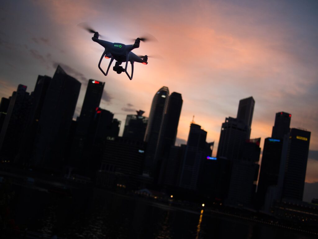 Drone in the sky with skyline at the background