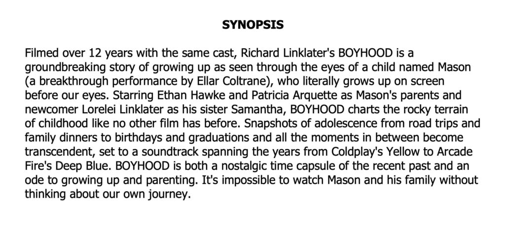 'Boyhood' synopsis from film press kit