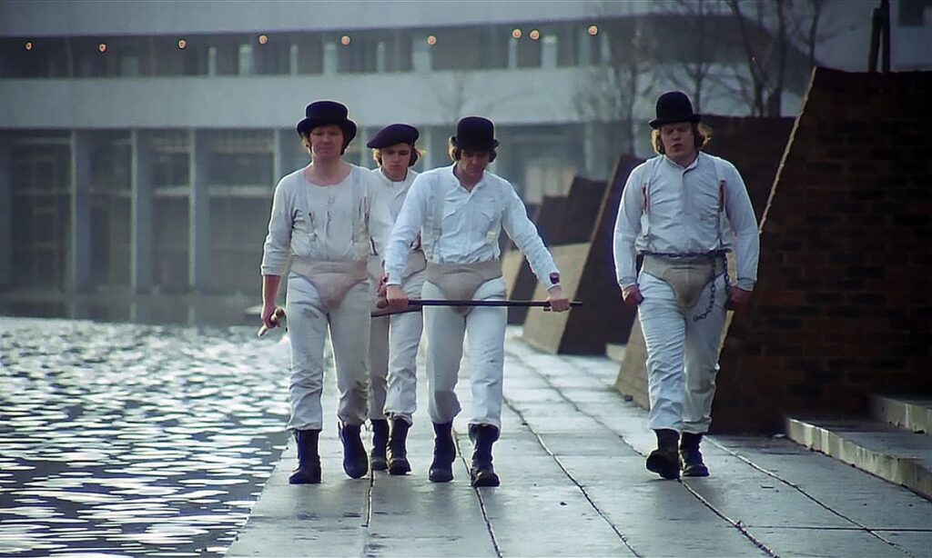 film still from a clockwork orange in Thamesmead Estate