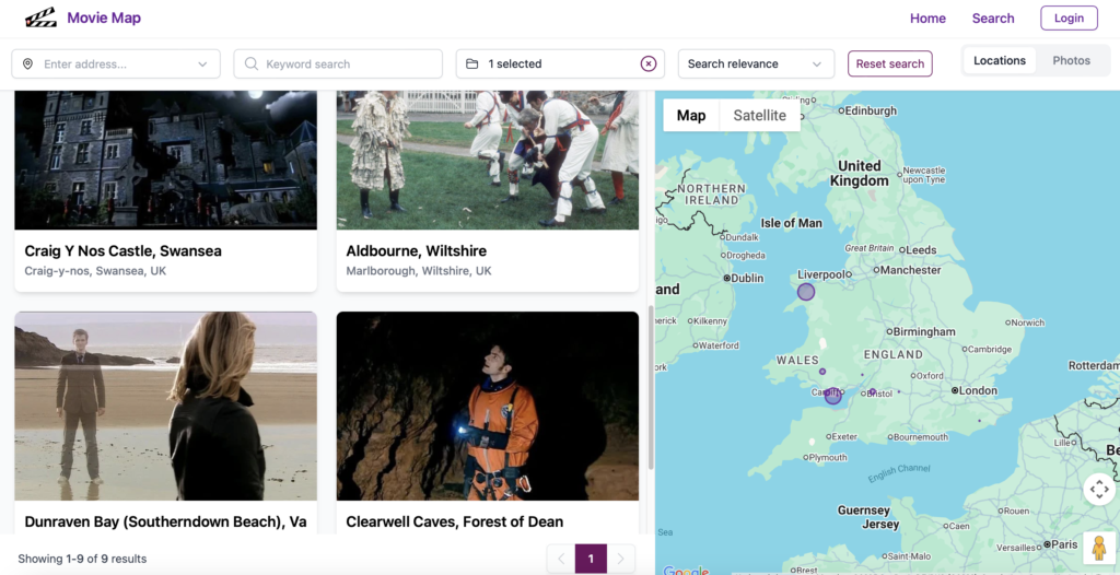 Image of SuperScout's new Showcase interface, showing Dr Who filming locations