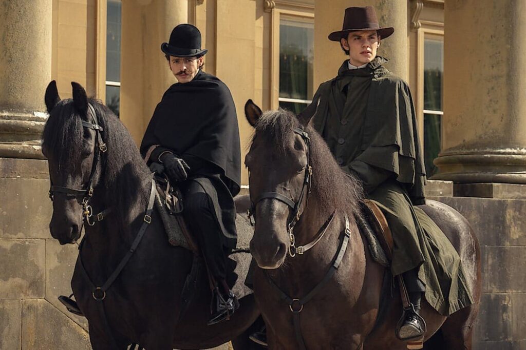 Film still from House of Guiness showing two characters riding horses