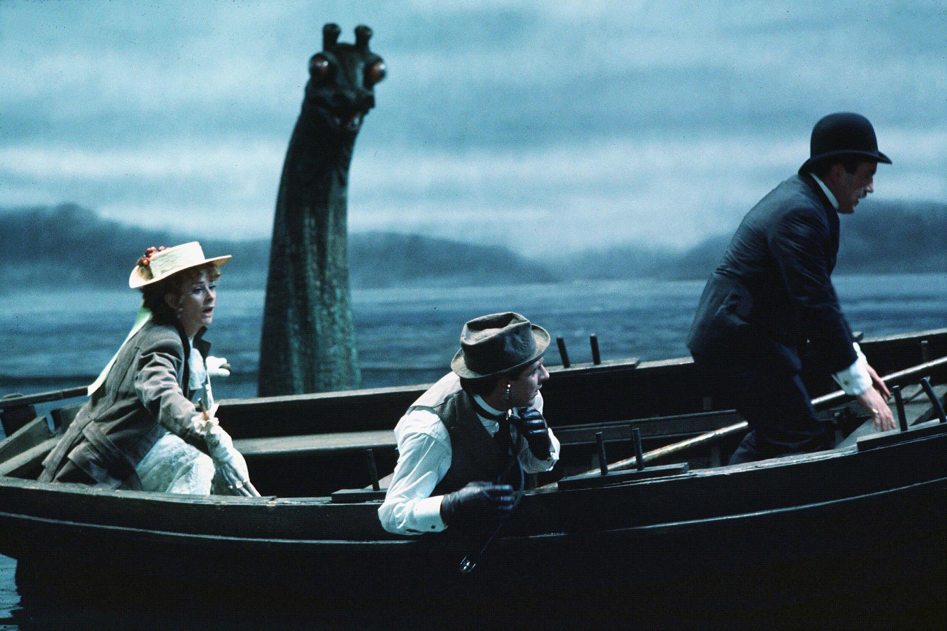 image of three Sherlock Holmes characters sat on a boat in a loch, with the loch ness monster behind them