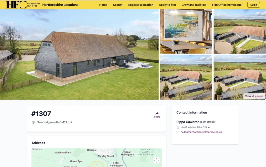 screenshot of hertfordshire film office's location library