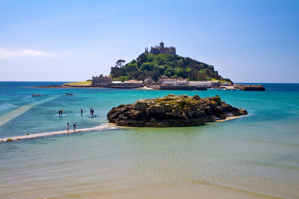 Island and surrounding sea at mid tide at St Michael's Mount