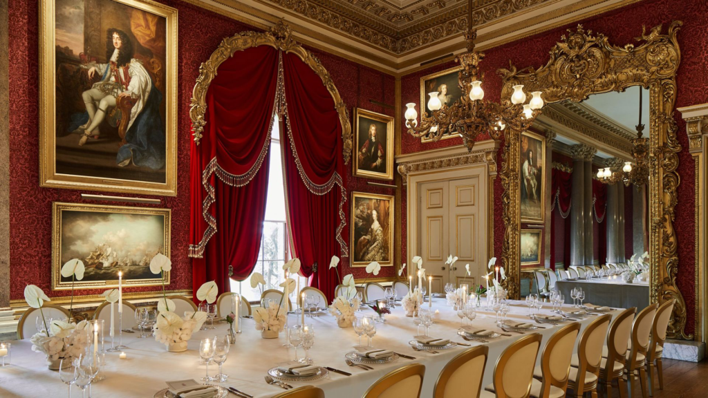 Wedding dinner table setup inside The Goodwood House