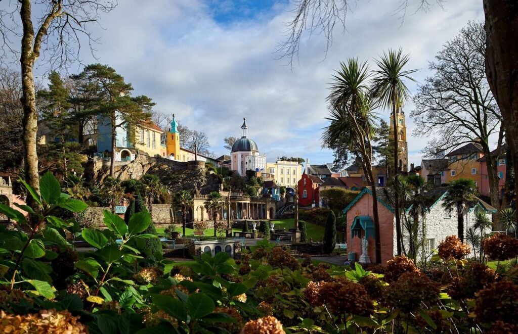 Mediterranean style buildings and gardens in Portmeirion town centre