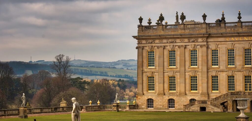 Exterior view and country scene of Chatsworth House